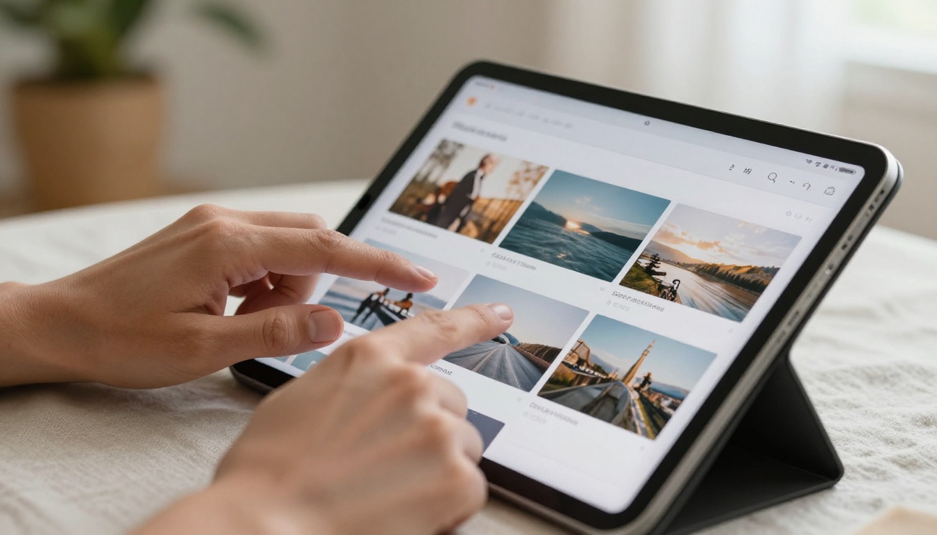 Creative professional scrolling through a digital portfolio flipbook on a tablet Creative professional scrolling through a digital portfolio flipbook on a tablet
