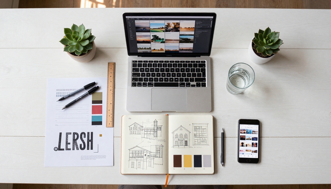 Aerial overhead flat lay of a creative designer's workspace with portfolio materials, sketchbooks, and laptop Aerial overhead flat lay of a creative designer's workspace with portfolio materials, sketchbooks, and laptop