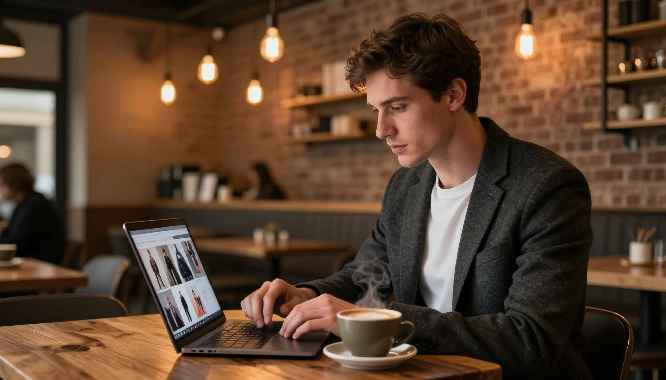 Professional man reviewing his portfolio flipbook on a laptop at a modern Scandinavian coffee shop Professional man reviewing his portfolio flipbook on a laptop at a modern Scandinavian coffee shop