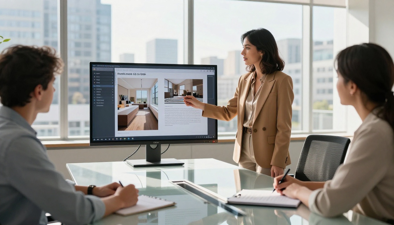 Elegant woman presenting her portfolio flipbook on a large monitor to colleagues in a bright conference room Elegant woman presenting her portfolio flipbook on a large monitor to colleagues in a bright conference room