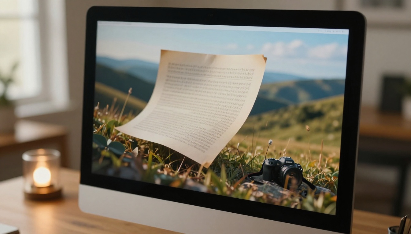 Close-up of an iMac monitor screen showing a flipbook page-turn animation revealing a landscape photograph Close-up of an iMac monitor screen showing a flipbook page-turn animation revealing a landscape photograph