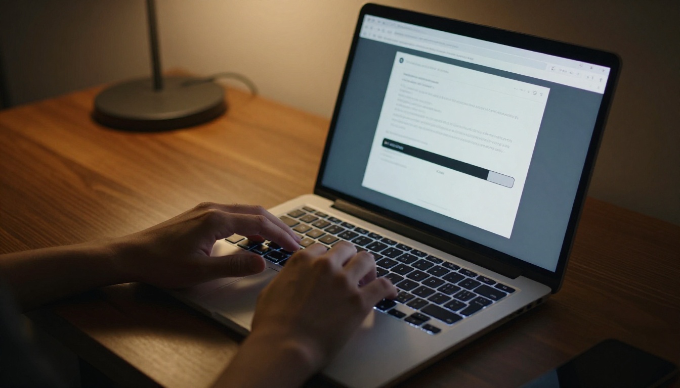 PDF upload workflow on a laptop showing a drag-and-drop interface with progress bar in a warm home office at dusk