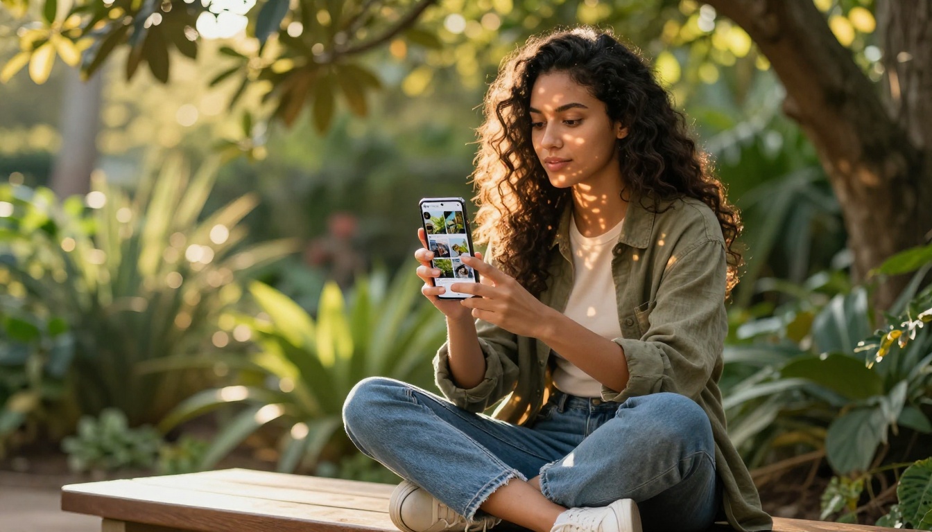Female freelance photographer browsing her photography portfolio flipbook on a smartphone in a botanical garden Female freelance photographer browsing her photography portfolio flipbook on a smartphone in a botanical garden