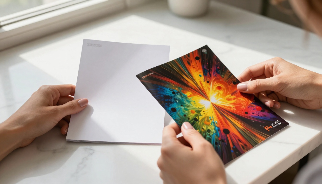 Hands comparing two printed brochures side by side on a white marble table, one simple and one richly designed