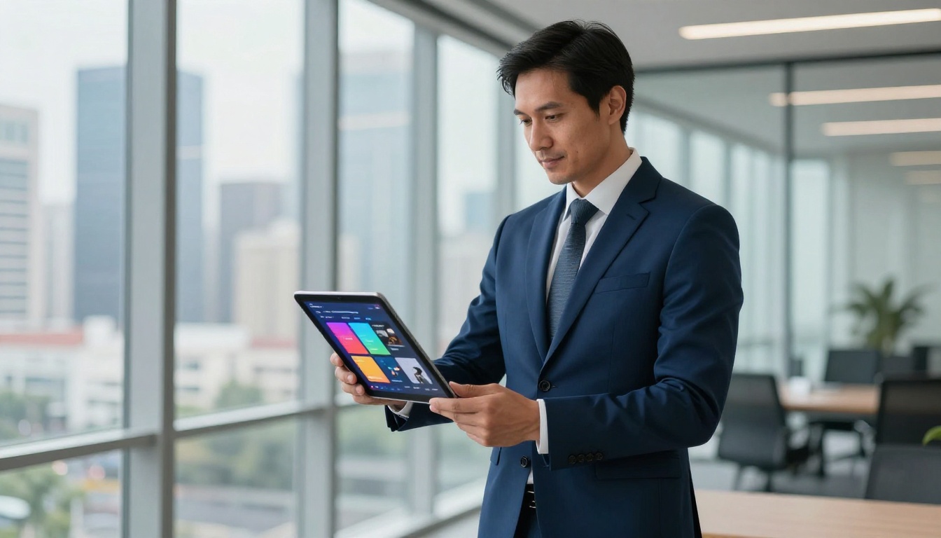 A confident businessman holding an iPad showing a vibrant digital product catalog in a modern glass-walled corporate office