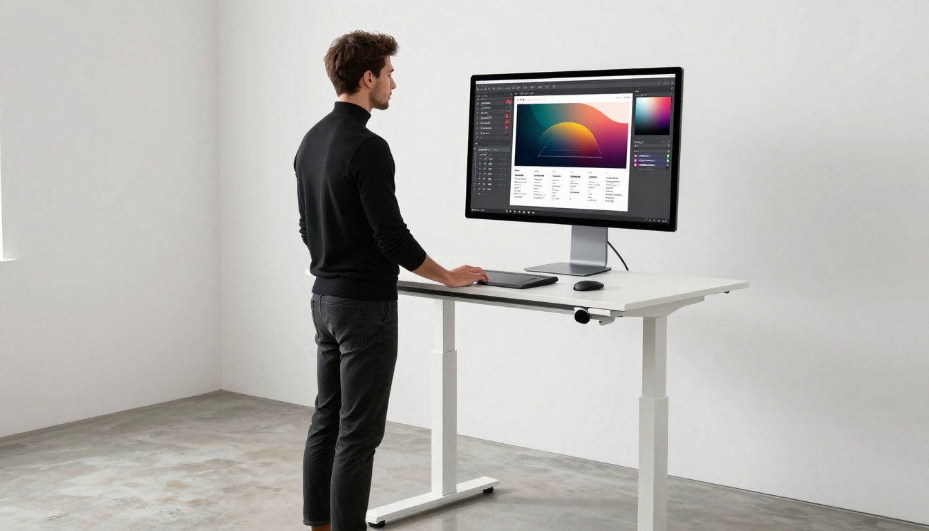 Graphic designer at a standing desk customizing his portfolio flipbook with branding color tools visible on screen Graphic designer at a standing desk customizing his portfolio flipbook with branding color tools visible on screen