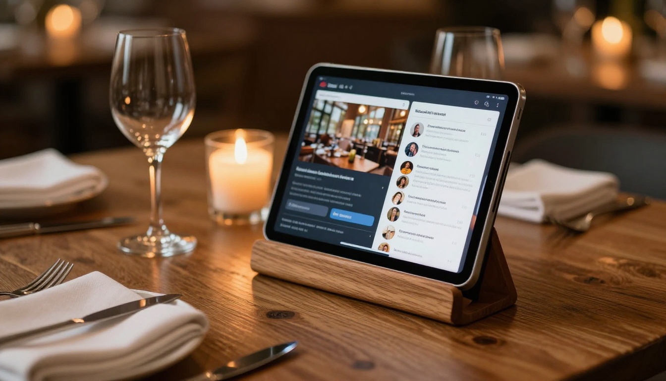 A restaurant table with a wooden iPad stand showing a beautifully designed digital menu, candlelight and wine glasses in the foreground