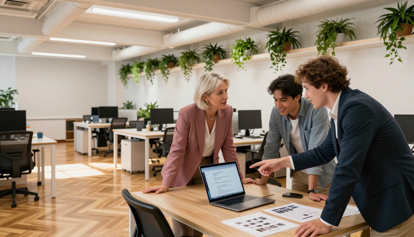 Creative director sharing her portfolio link on a laptop with two smiling colleagues in a bright open agency office Creative director sharing her portfolio link on a laptop with two smiling colleagues in a bright open agency office