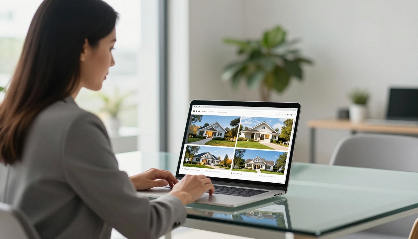 A real estate agent showing a client a digital property brochure on a laptop across a glass conference table in a modern office