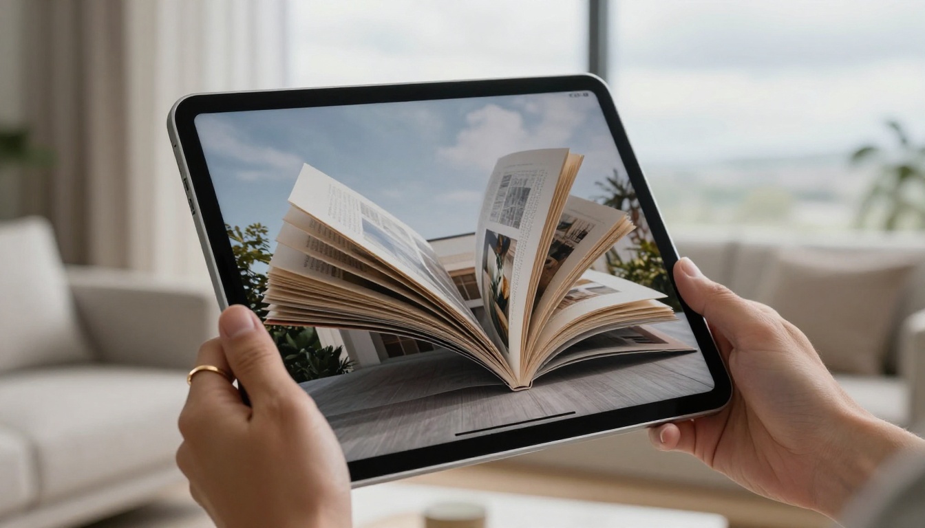 Hands holding an iPad displaying a stunning architectural portfolio flipbook open to a double-page spread Hands holding an iPad displaying a stunning architectural portfolio flipbook open to a double-page spread