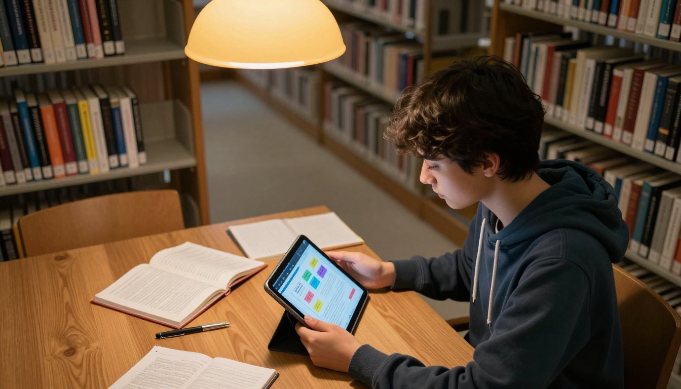 A university student at a library table with a tablet displaying a colorful interactive textbook, bookshelves blurred in background