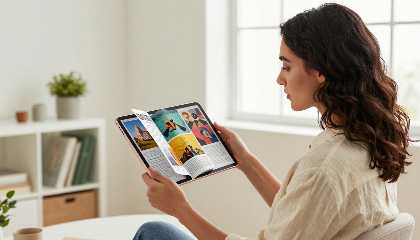 A stylish woman reads an interactive magazine on an iPad in a bright minimalist home office