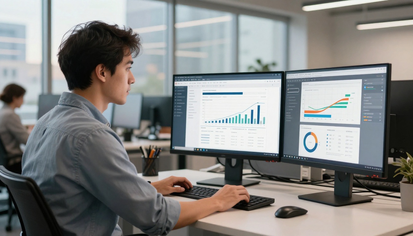 A marketing professional reviewing analytics data on dual monitors in a modern open-plan office with city views
