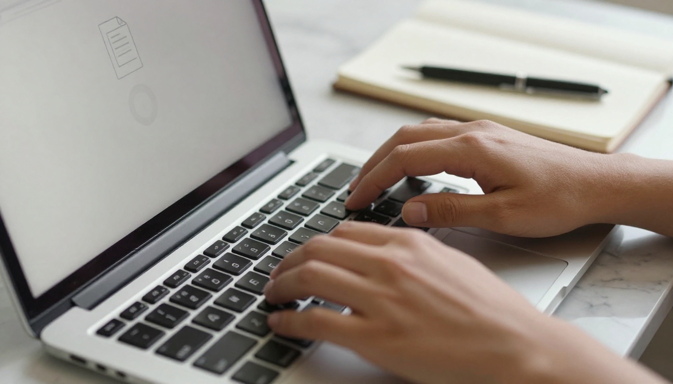 Hands uploading a PDF file on a MacBook in a clean marble desk workspace with natural side lighting