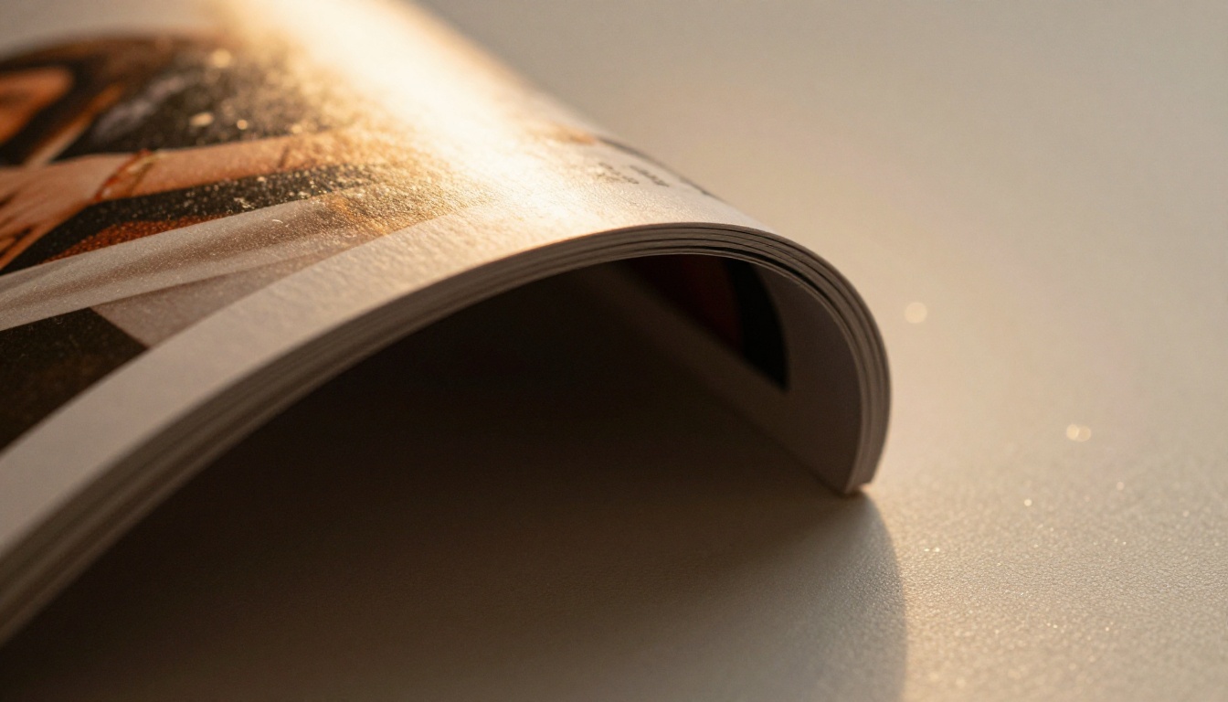 Close-up of a glossy magazine page mid-curl, capturing the realistic physics of coated editorial paper in warm directional light