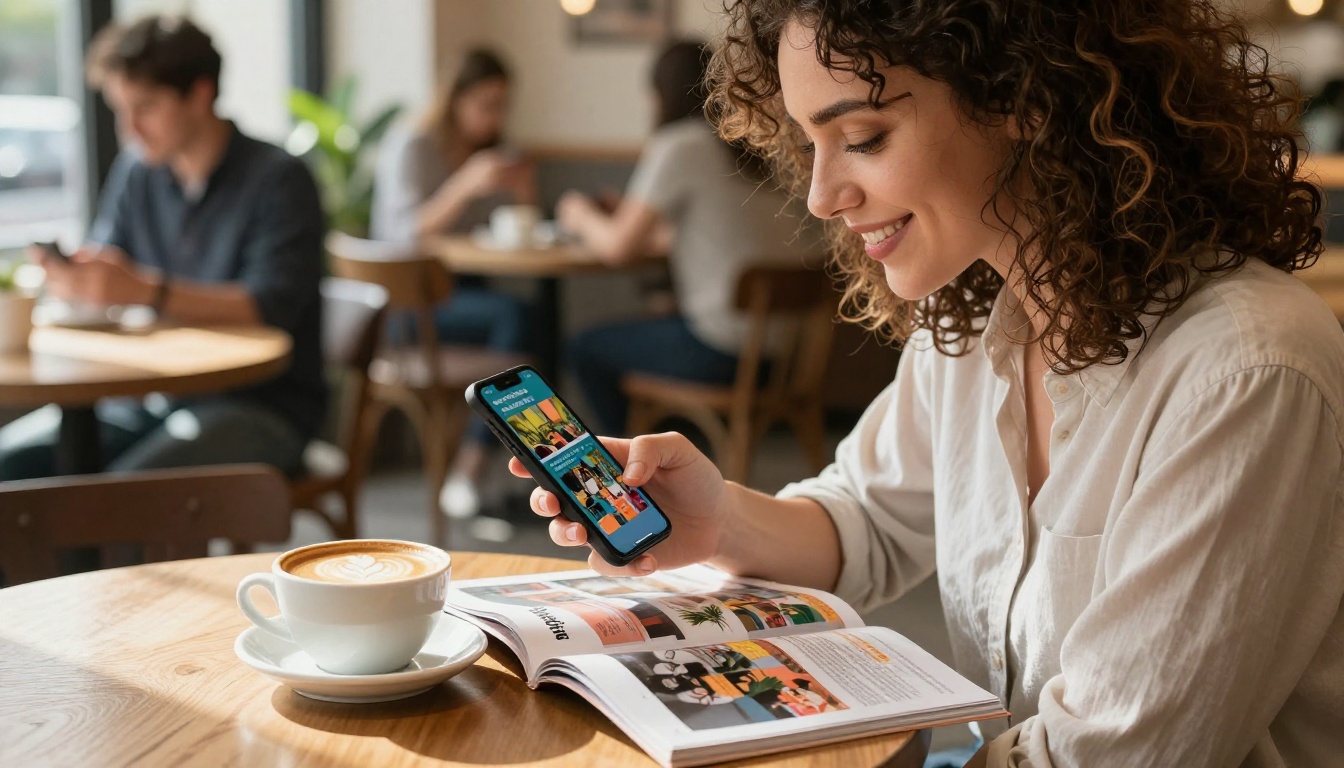 A woman in a coffee shop smiling while scrolling through a digital magazine flipbook on her smartphone with latte art visible