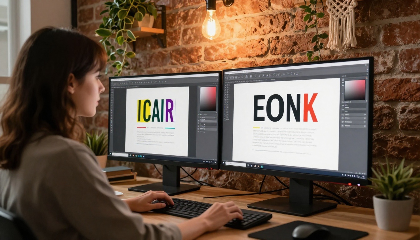 A graphic designer at a dual-screen creative agency setup with exposed brick wall and warm Edison lighting