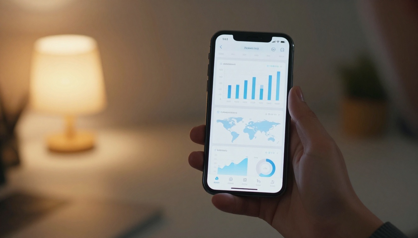 A hand holds a smartphone showing a clean analytics dashboard with bar graphs and geographic reader data