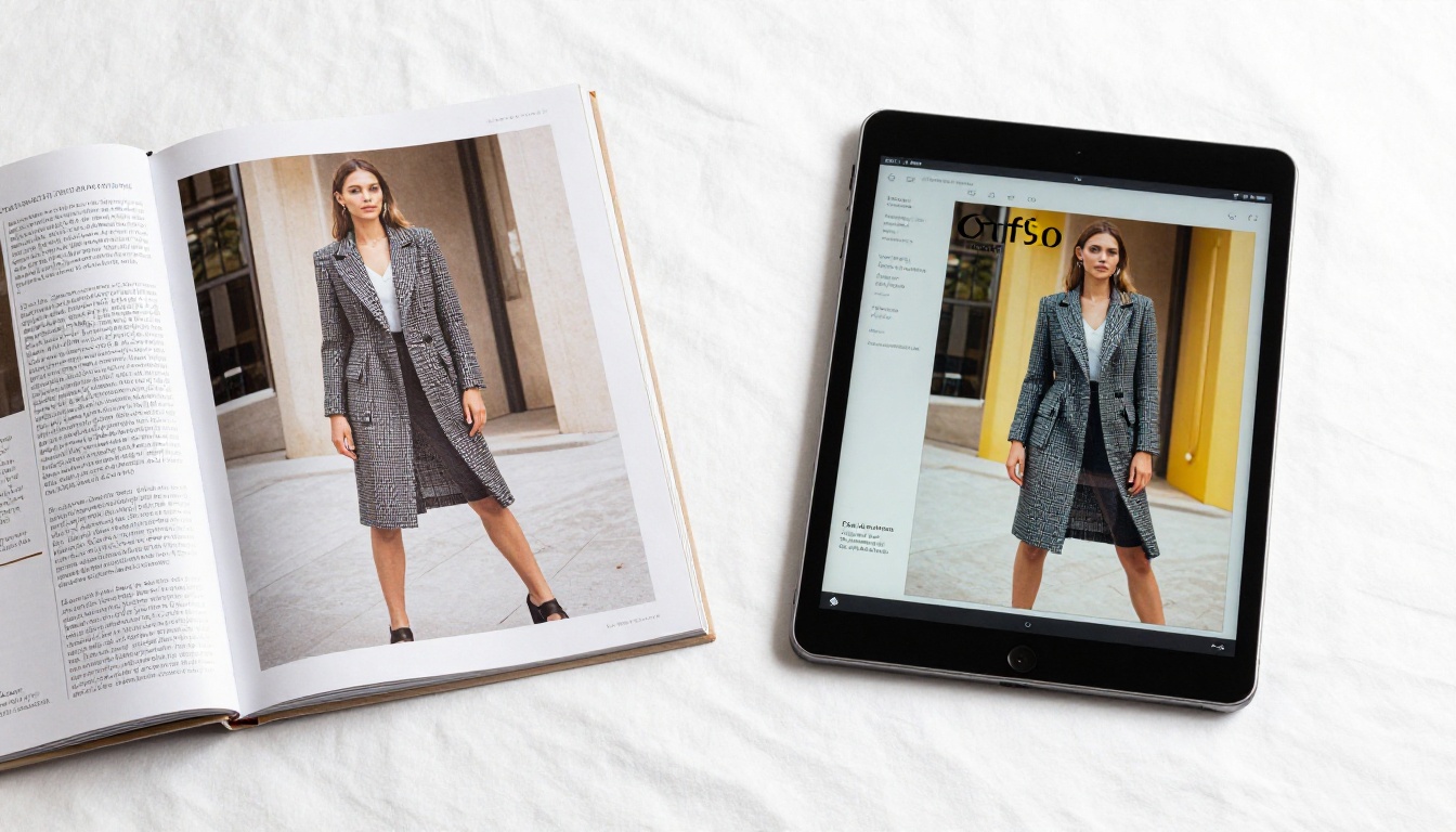 A printed fashion magazine beside its digital version displayed on an iPad on a clean white linen surface in natural daylight