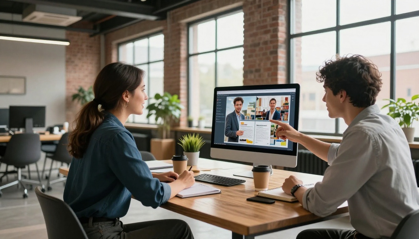 Two professionals review a digital publication on a monitor in a bright modern loft office with exposed brick and natural daylight
