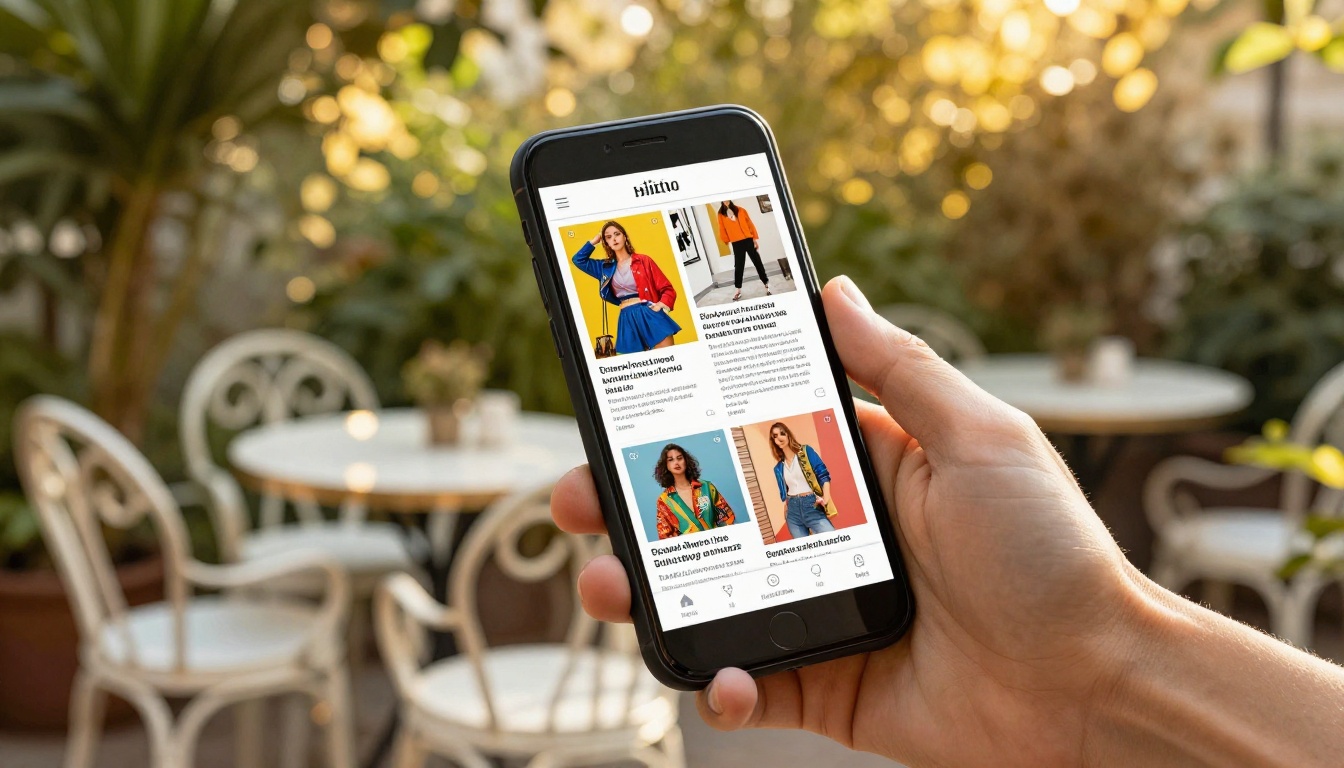 A hand holds a matte-black smartphone showing a vibrant magazine flipbook at a golden-hour outdoor café terrace