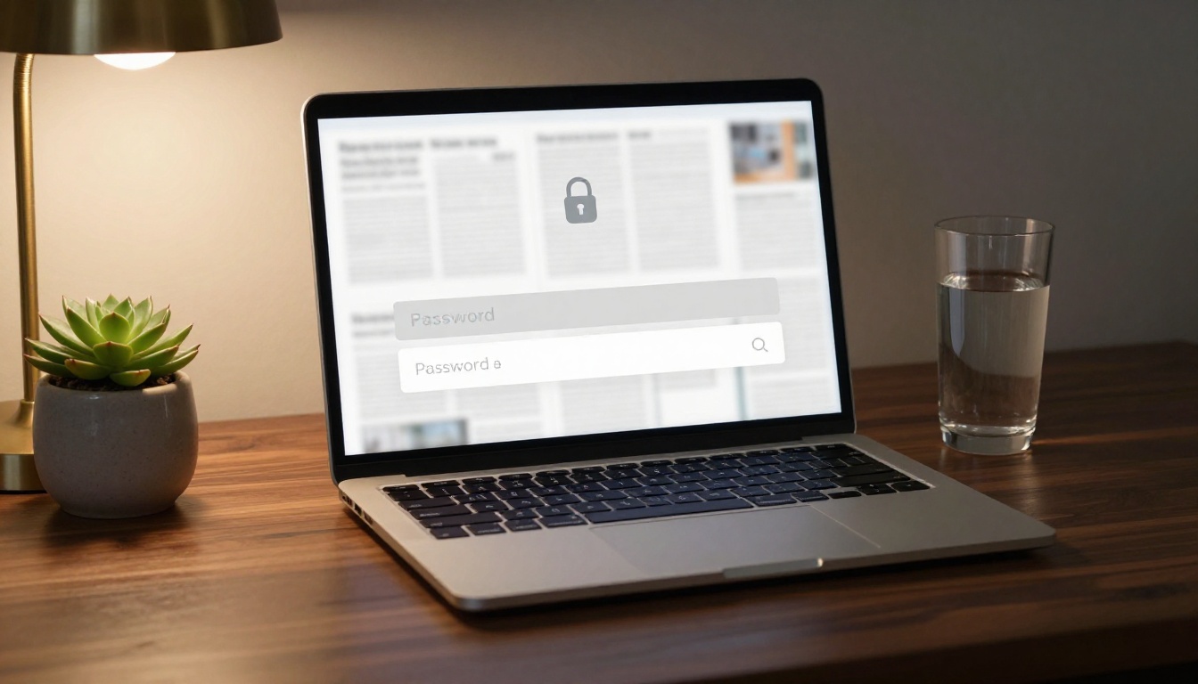 A laptop on a dark walnut desk showing a clean password-protected flipbook modal with warm brass desk lamp side lighting