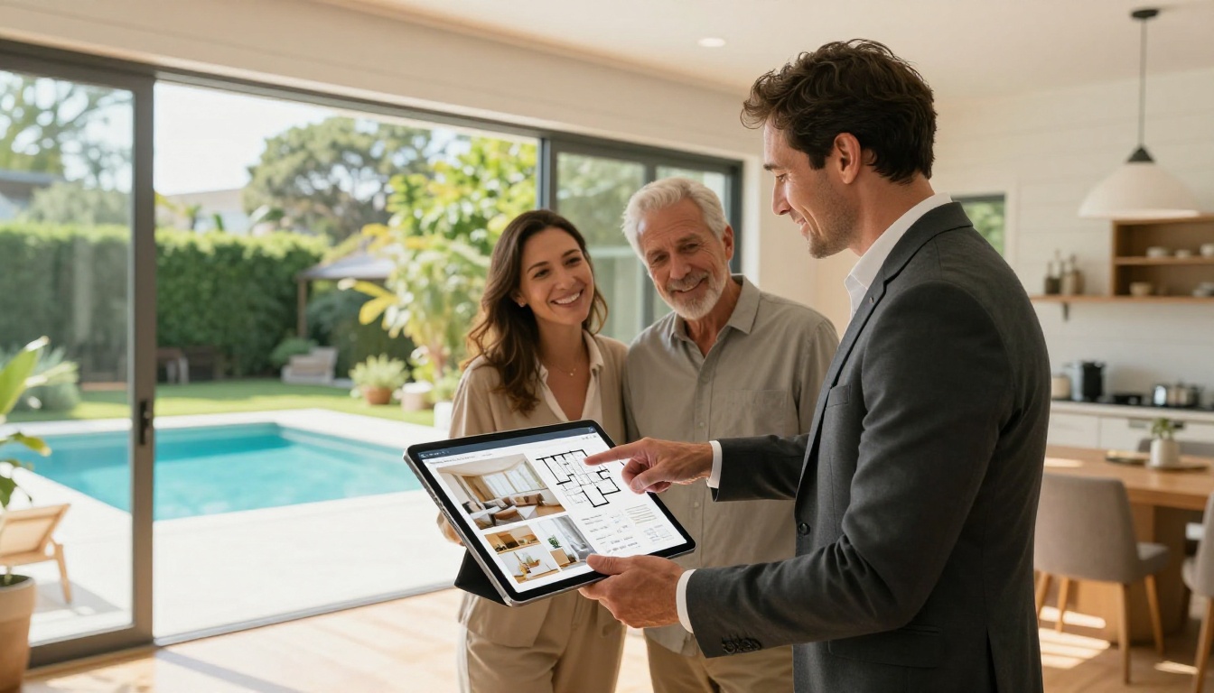 Real estate agent presenting property listings to interested couple on tablet Real estate agent presenting property listings to interested couple on tablet
