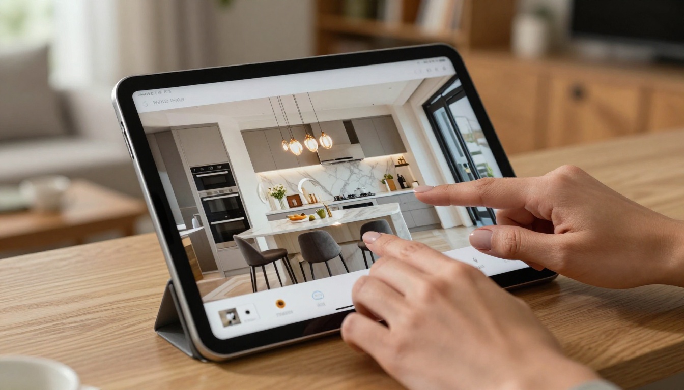 Close-up of hands scrolling through digital property flipbook on tablet
