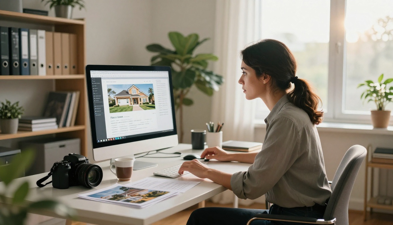 Real estate agent at desk creating digital marketing materials