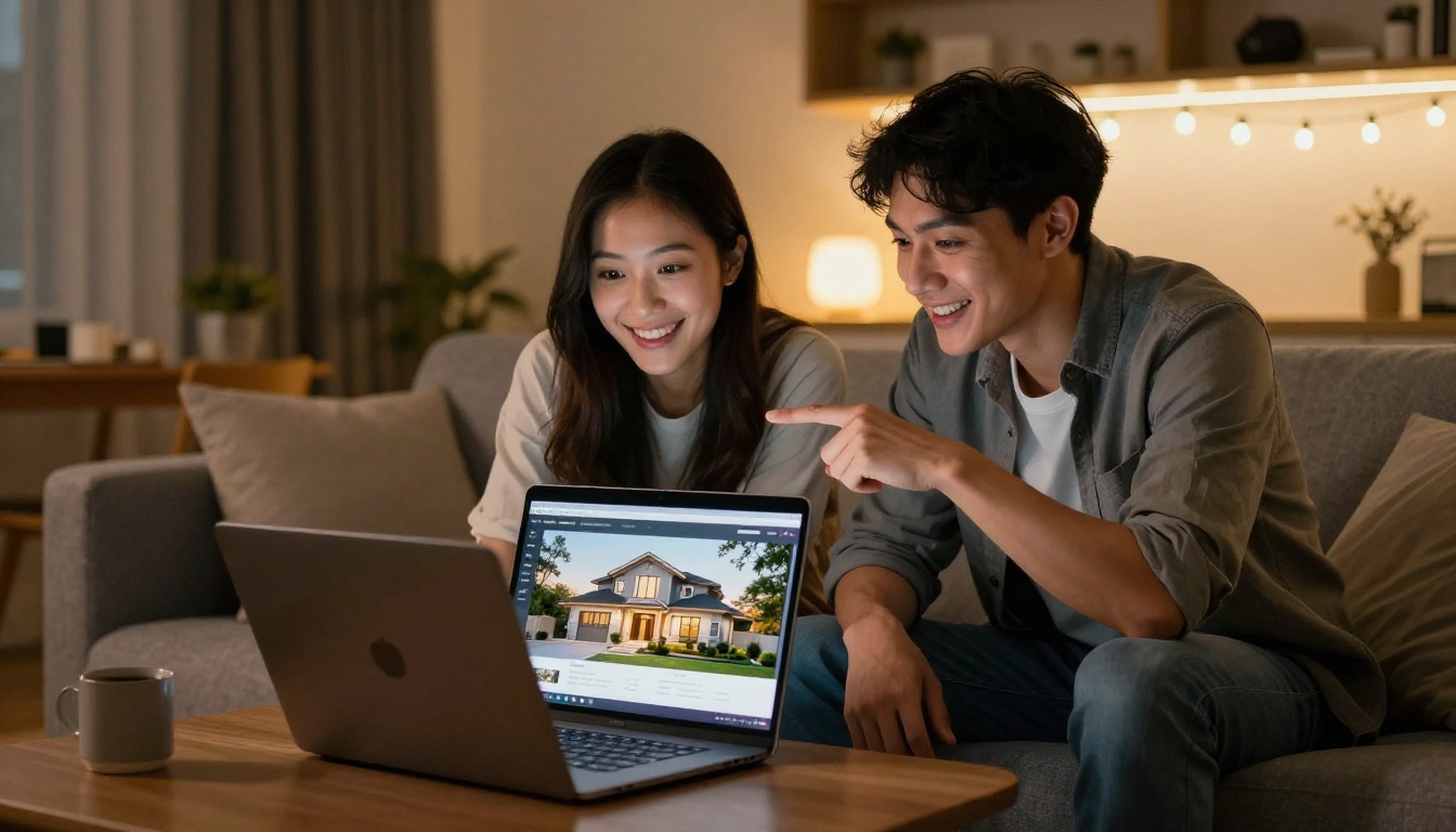 Couple reviewing property flipbook on laptop at home