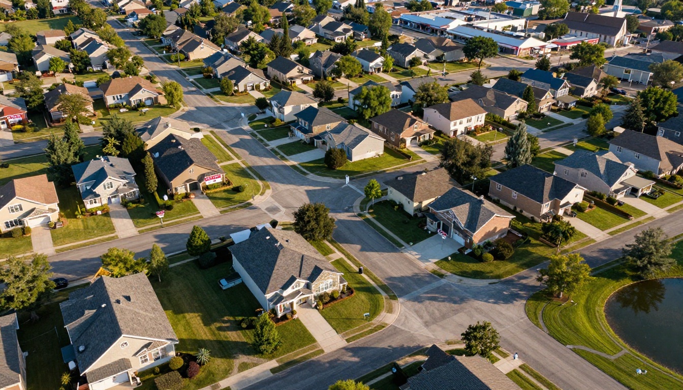 Aerial view of suburban residential neighborhood with for-sale signs