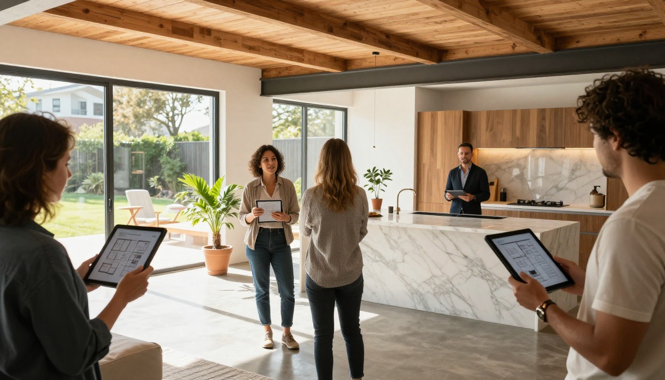 Open house event with guests reviewing property flipbooks on tablets