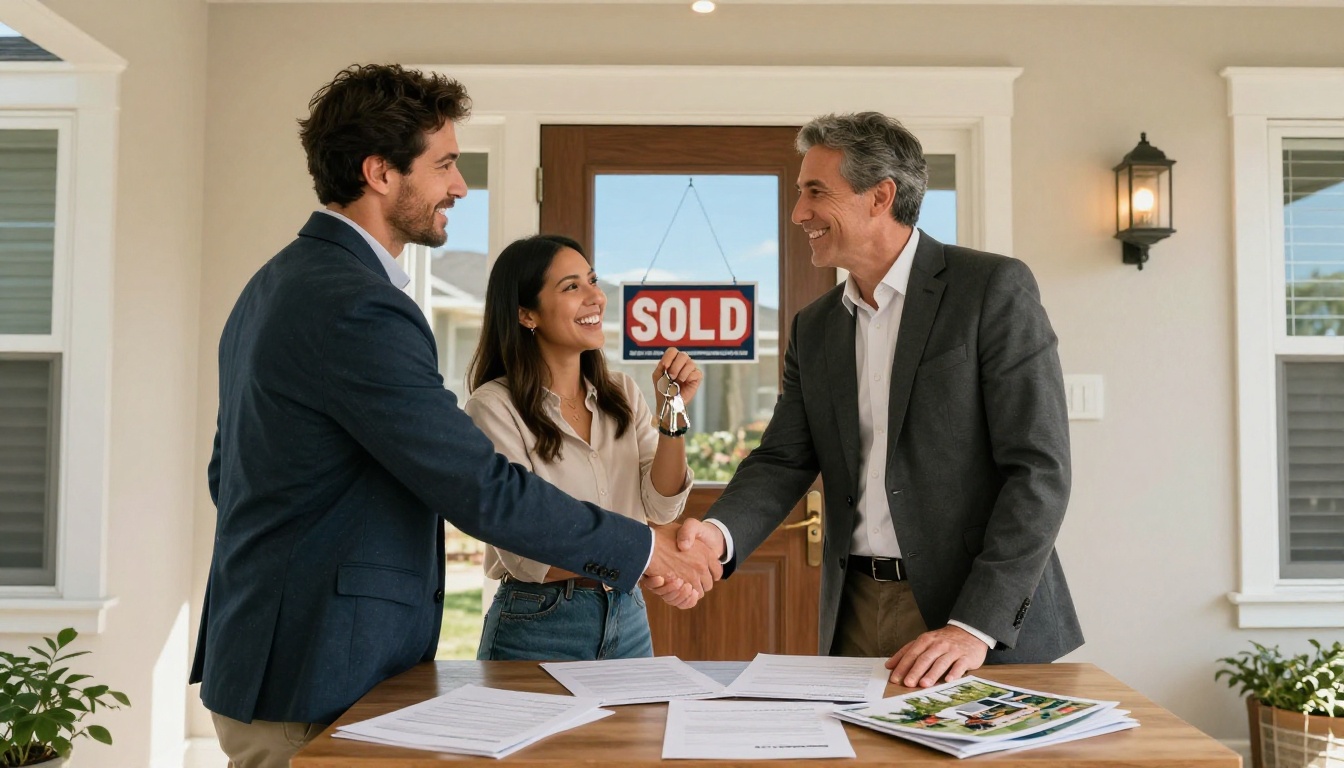 Real estate agent shaking hands with happy couple after successful property sale Real estate agent shaking hands with happy couple after successful property sale