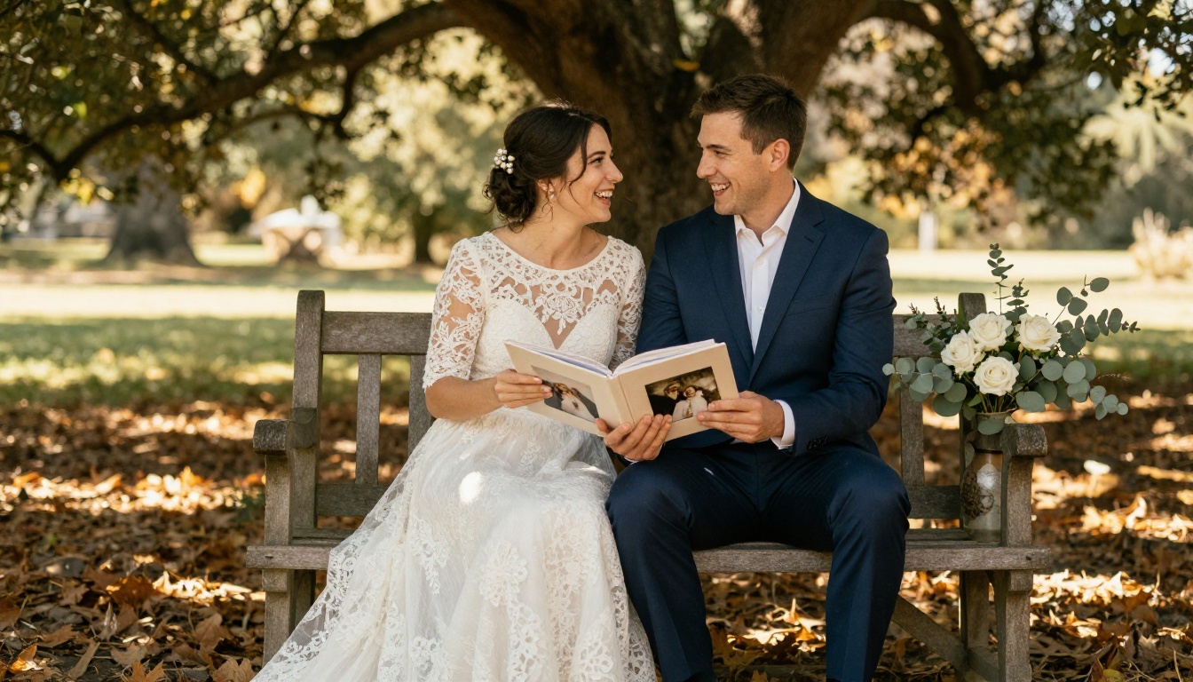 A newly married couple sitting side by side on a rustic wooden bench in a sunlit garden laughing together as they flip through pages of their printed wedding photo album