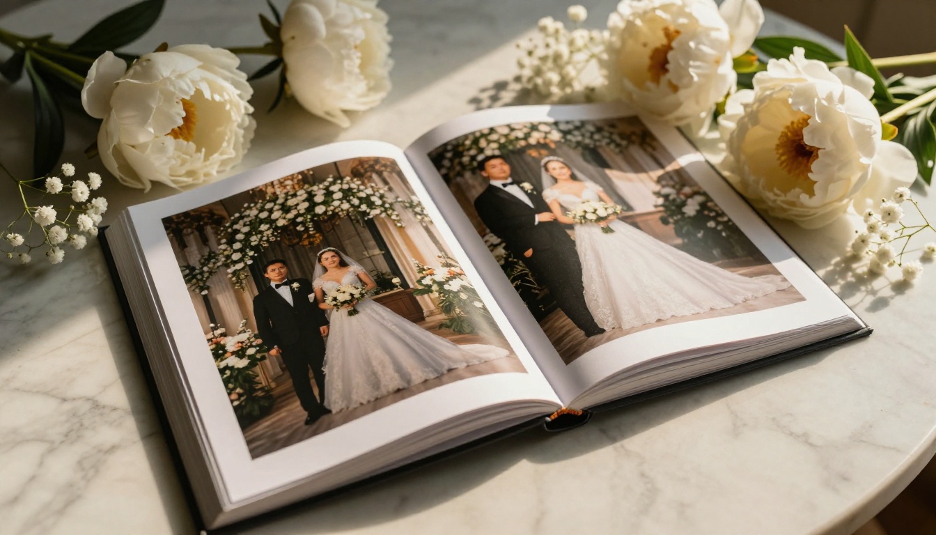 Low-angle shot of an open wedding photo album lying on a marble surface surrounded by white peonies and baby's breath flowers scattered naturally
