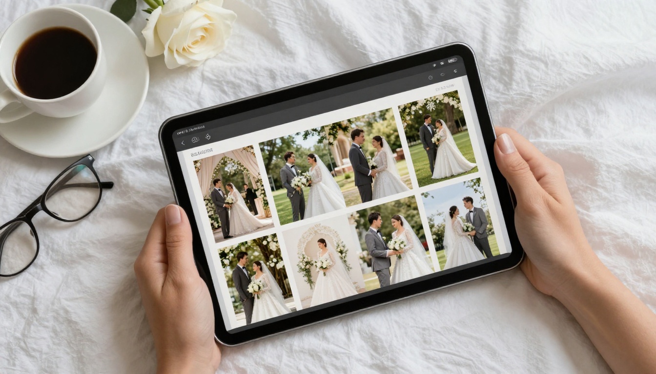 Close-up overhead aerial shot of a woman's hands holding a tablet device displaying a beautiful digital flipbook of wedding photos on screen