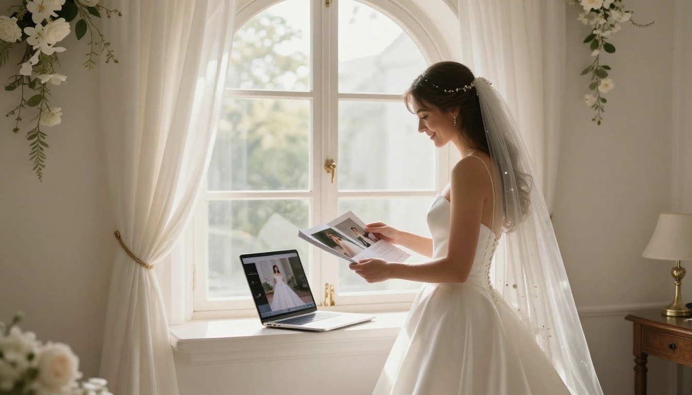 A bride in a flowing white satin wedding gown standing near a large arched window in a softly lit bridal suite scrolling through wedding photos on a laptop showing a digital flipbook album interface