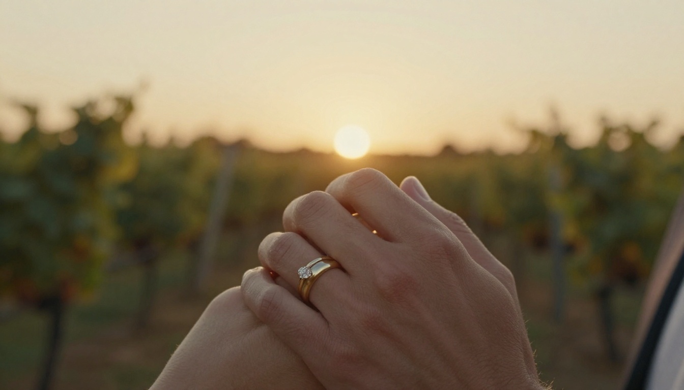 Intimate close-up of a wedding couple's hands together showing intertwined fingers with wedding rings catching warm sunset light against a soft bokeh vineyard background