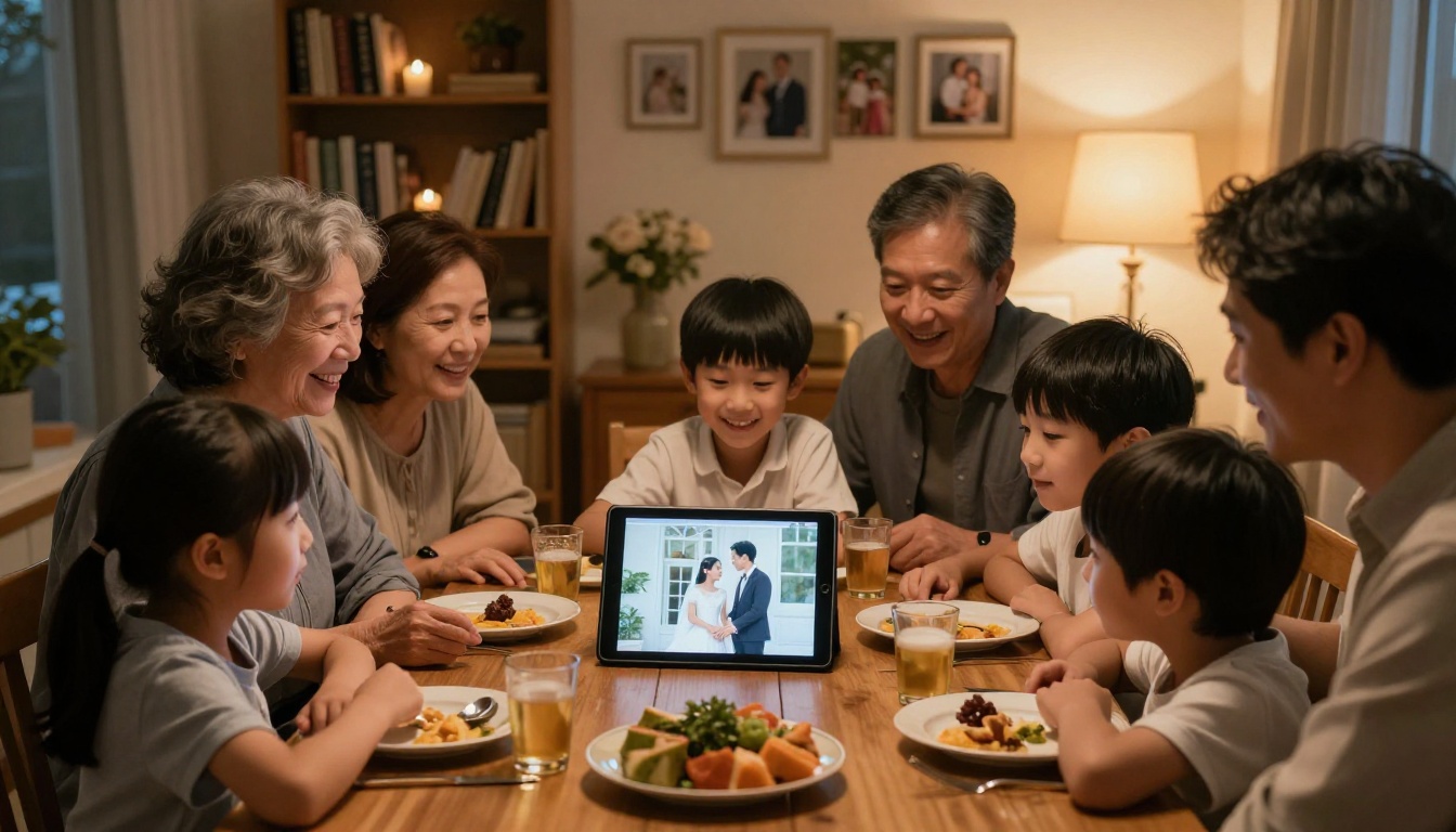 A family gathering scene with grandparents parents and adult children gathered around a dining table looking at a shared tablet displaying a digital wedding flipbook album together