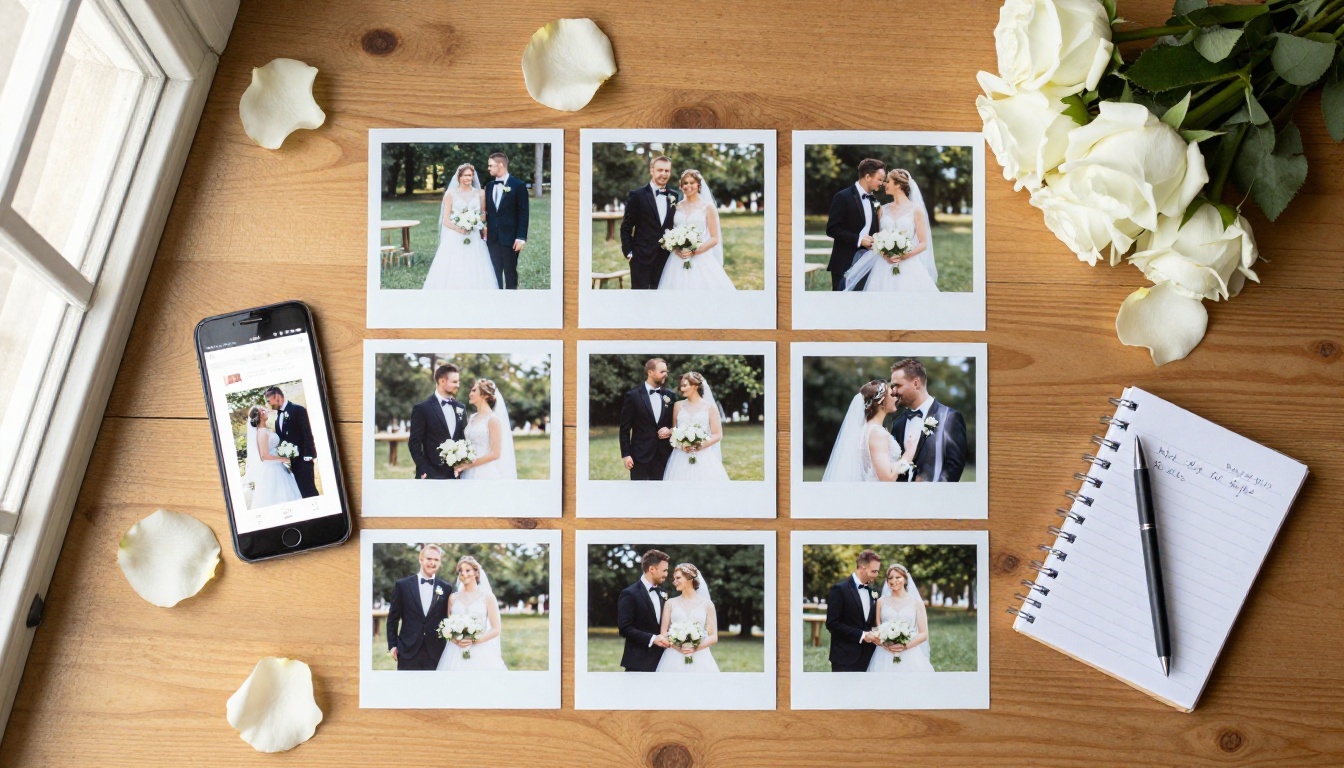 Overhead flat-lay composition of a wedding photography planning setup with printed photos arranged in a neat grid on a wooden desk alongside a smartphone showing a flipbook app and handwritten notes