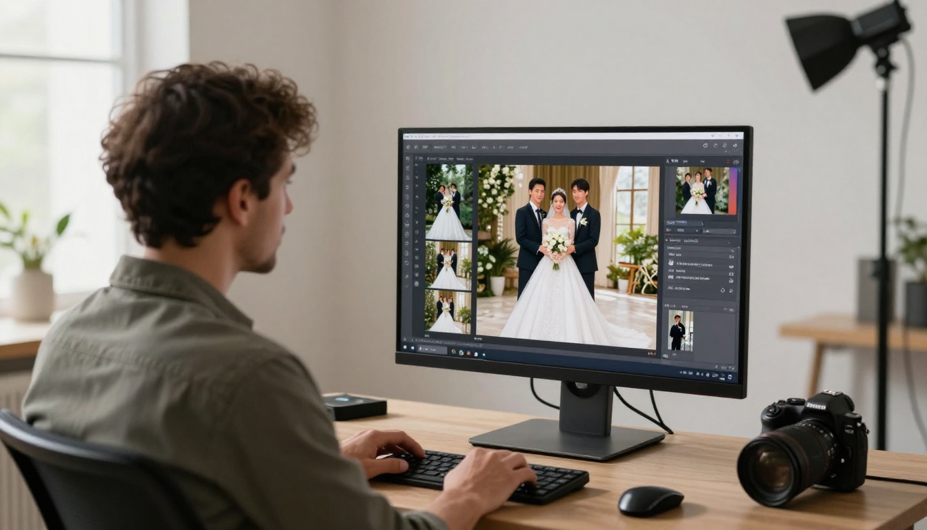 A professional wedding photographer in a light studio environment reviewing photos on a large monitor showing a digital flipbook interface with wedding ceremony images