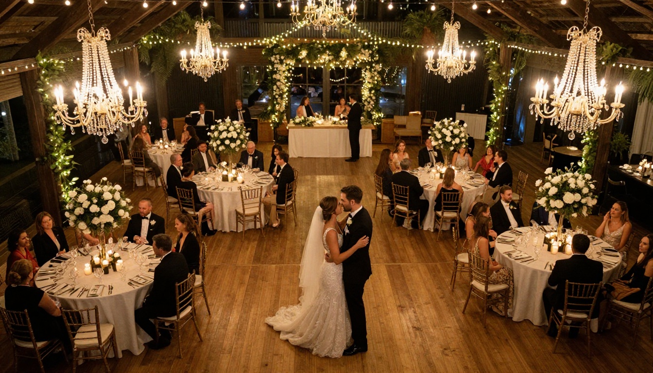 A romantic wedding reception scene captured from above showing elegantly decorated round tables with white linen white floral centerpieces candles and guests sharing their first dance on a wooden dance floor