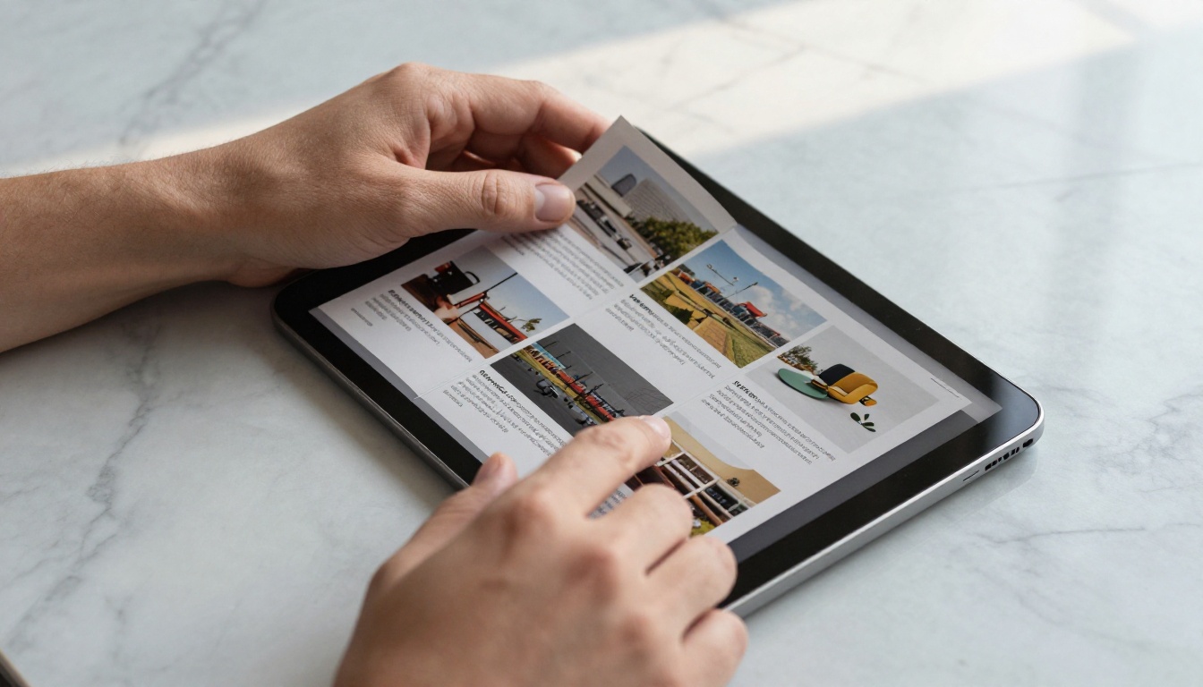 Hands comparing a printed brochure with its interactive digital flipbook version on a tablet Hands comparing a printed brochure with its interactive digital flipbook version on a tablet