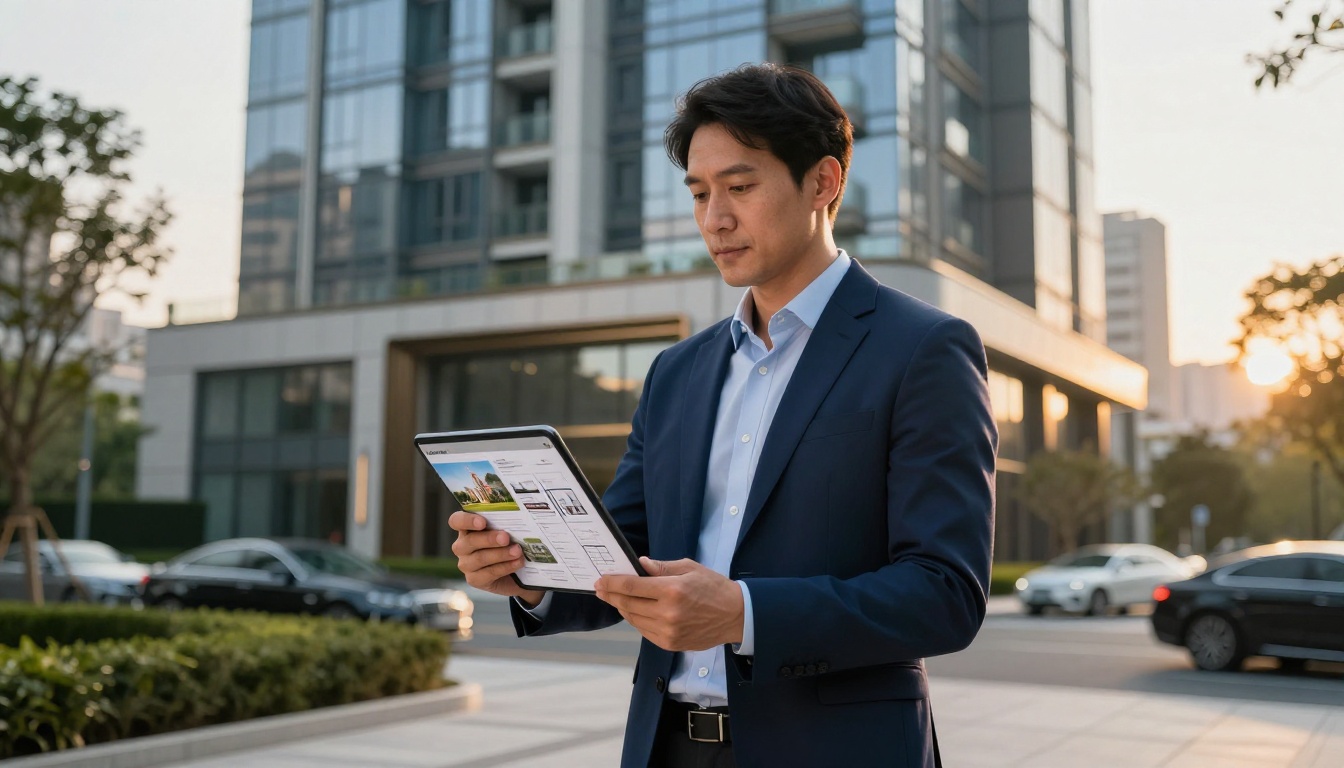 Real estate agent showing an interactive brochure flipbook on a tablet in front of a luxury building Real estate agent showing an interactive brochure flipbook on a tablet in front of a luxury building