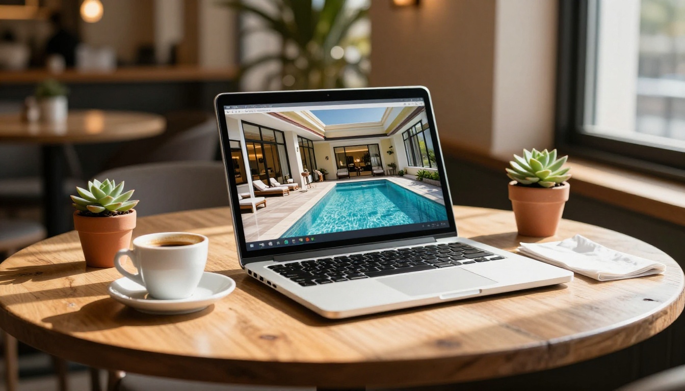 Interactive hotel brochure displayed as a flipbook on a laptop in a café setting Interactive hotel brochure displayed as a flipbook on a laptop in a café setting