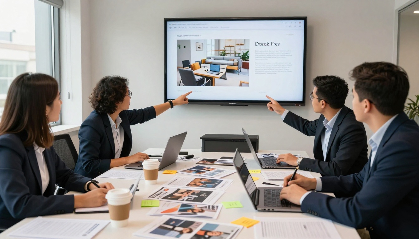 Marketing team reviewing an interactive brochure presentation together in a conference room Marketing team reviewing an interactive brochure presentation together in a conference room