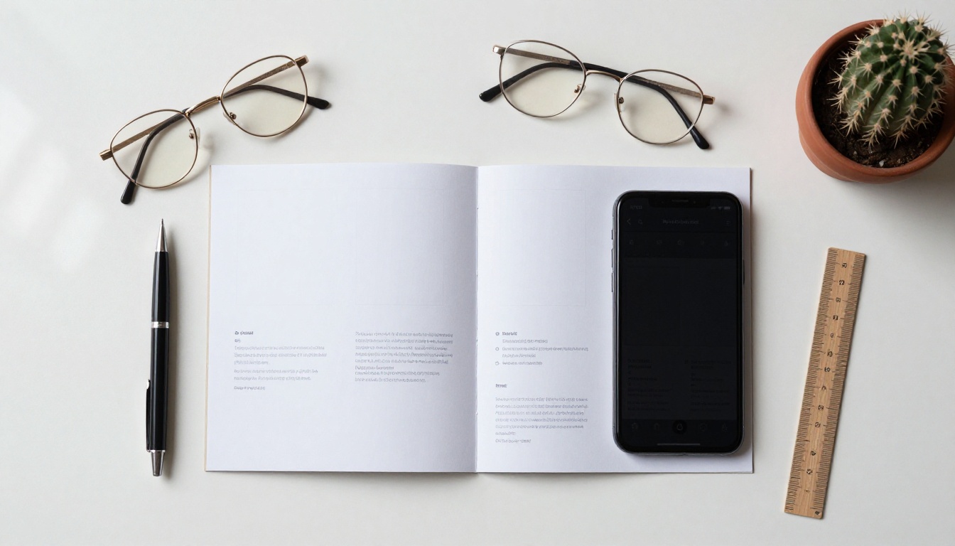 Flat lay comparison of a printed brochure next to a smartphone showing the interactive flipbook version Flat lay comparison of a printed brochure next to a smartphone showing the interactive flipbook version