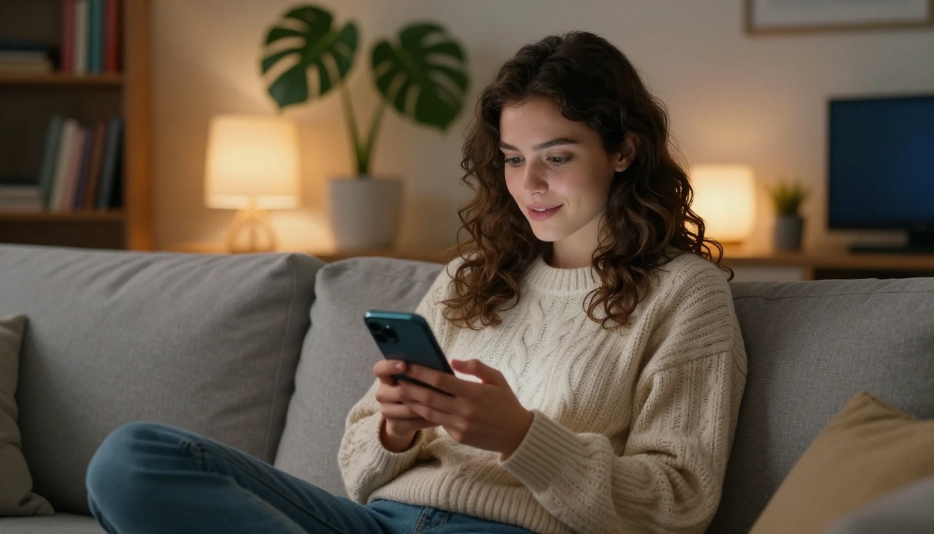 Woman reading an interactive brochure flipbook on her phone at home on the sofa