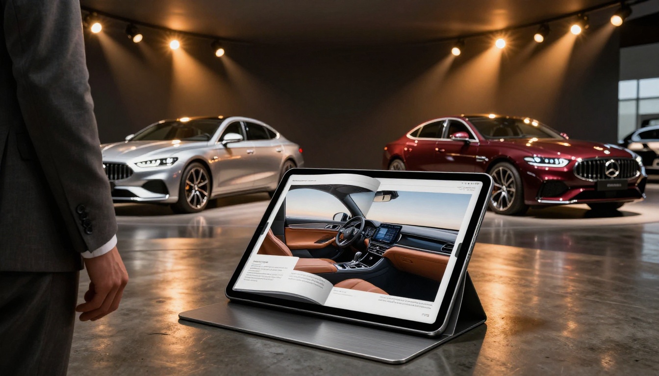 Interactive automotive brochure on an iPad stand inside a luxury car showroom
