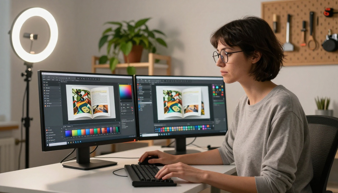 Graphic designer customizing an interactive brochure flipbook on dual monitors in a creative studio
